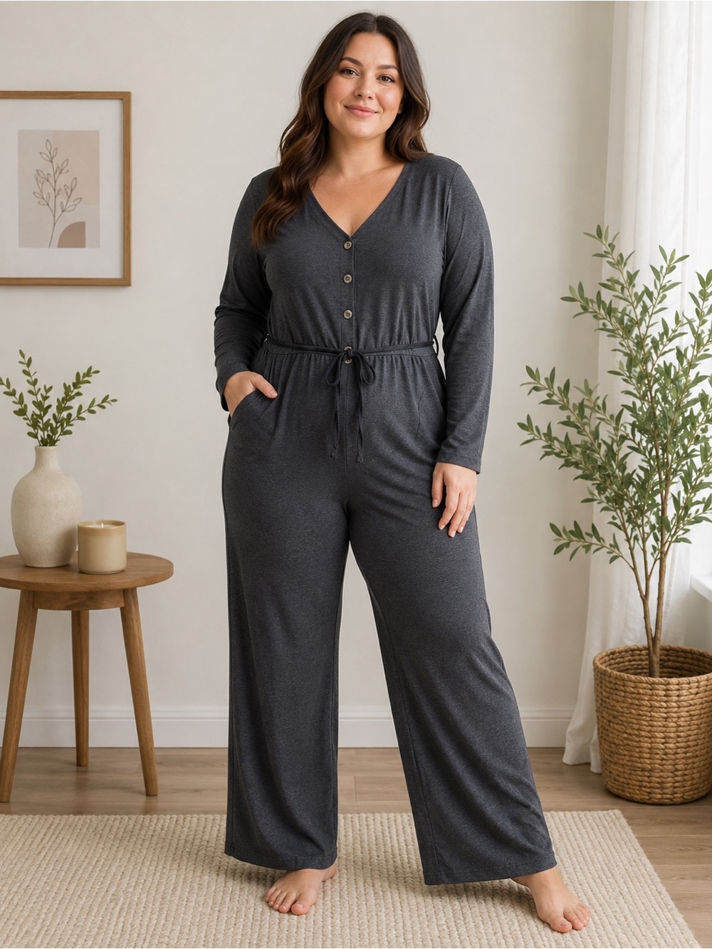 ▶️ SIMPLE Suzanne Betro Jumpsuit Womens 1X Gray Button Front Wide Leg Belted NWT